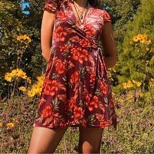 Floral Red and Black Mini Dress
